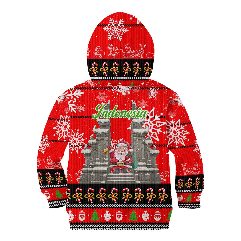 Indonesia Christmas Kid Hoodie with Santa Temple Snowflakes and Red Candy Cane Pattern - Wonder Print Shop