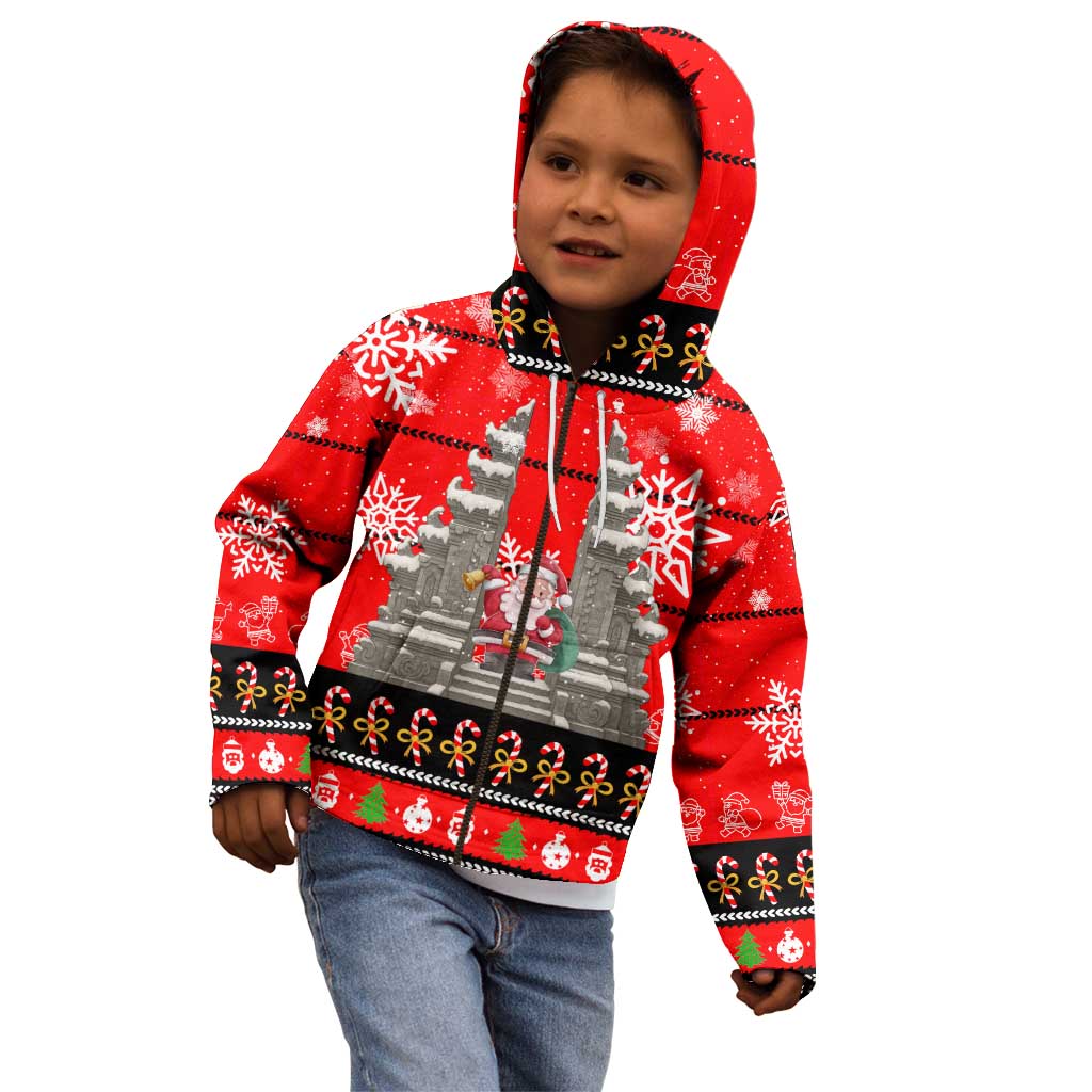 Indonesia Christmas Kid Hoodie with Santa Temple Snowflakes and Red Candy Cane Pattern - Wonder Print Shop