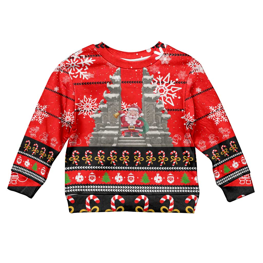 Indonesia Christmas Kid Ugly Christmas Sweater with Santa Temple Snowflakes and Red Candy Cane Pattern - Wonder Print Shop