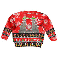 Indonesia Christmas Kid Ugly Christmas Sweater with Santa Temple Snowflakes and Red Candy Cane Pattern - Wonder Print Shop