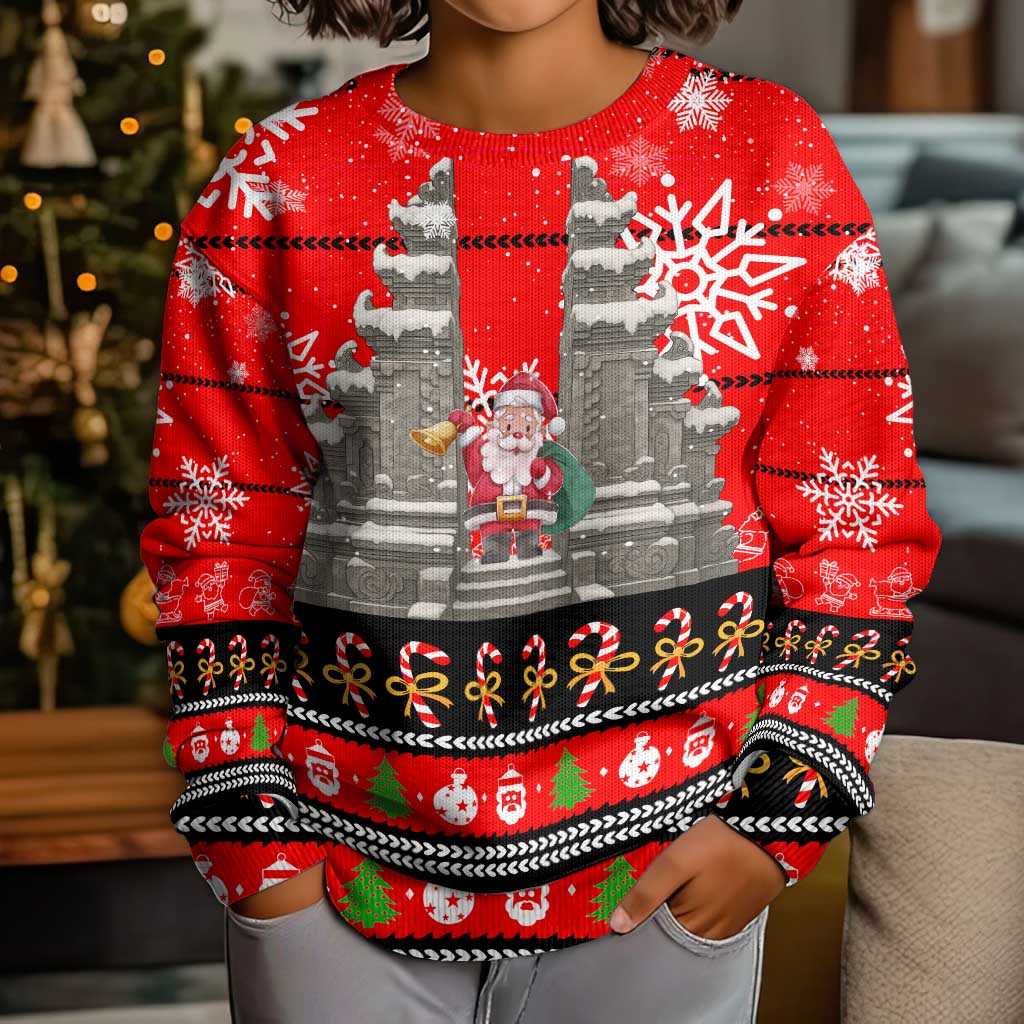Indonesia Christmas Kid Ugly Christmas Sweater with Santa Temple Snowflakes and Red Candy Cane Pattern - Wonder Print Shop
