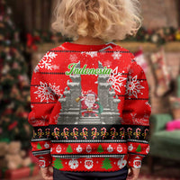 Indonesia Christmas Kid Ugly Christmas Sweater with Santa Temple Snowflakes and Red Candy Cane Pattern - Wonder Print Shop