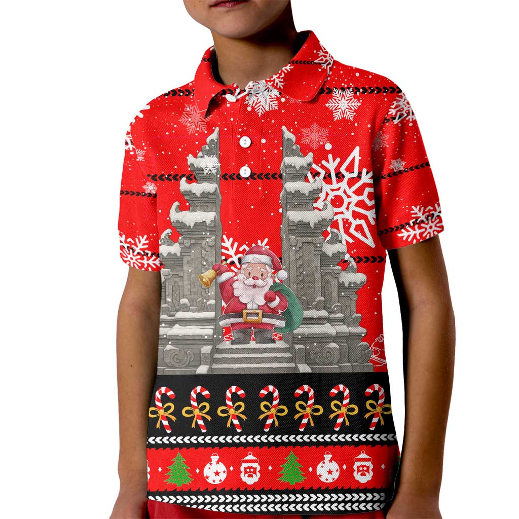 Indonesia Christmas Kid Polo Shirt with Santa Temple Snowflakes and Red Candy Cane Pattern - Wonder Print Shop