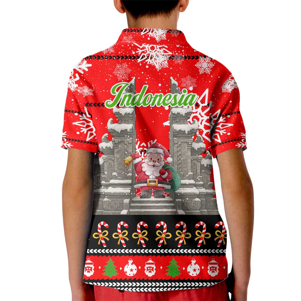 Indonesia Christmas Kid Polo Shirt with Santa Temple Snowflakes and Red Candy Cane Pattern - Wonder Print Shop