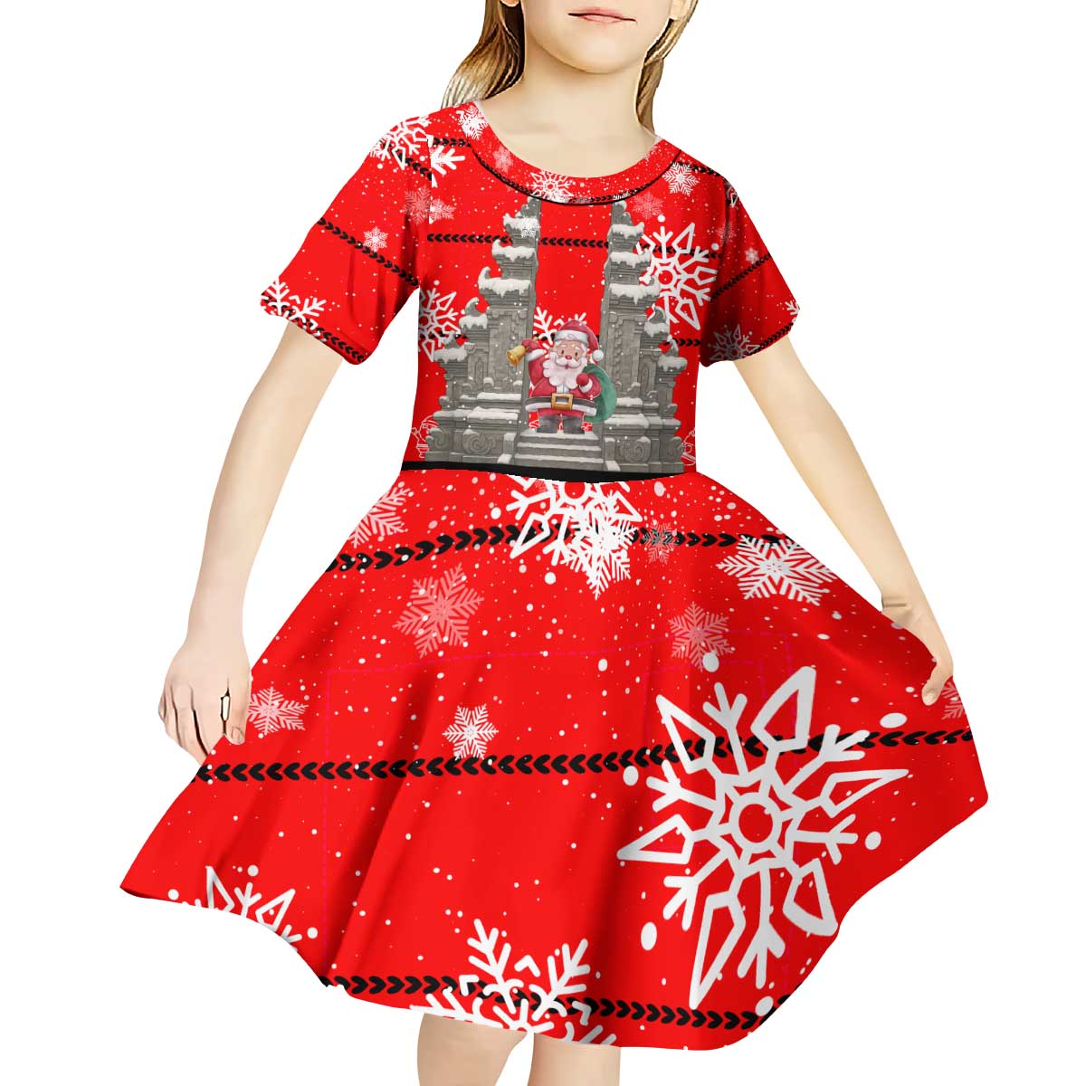 Indonesia Christmas Kid Short Sleeve Dress with Santa Temple Snowflakes and Red Candy Cane Pattern - Wonder Print Shop