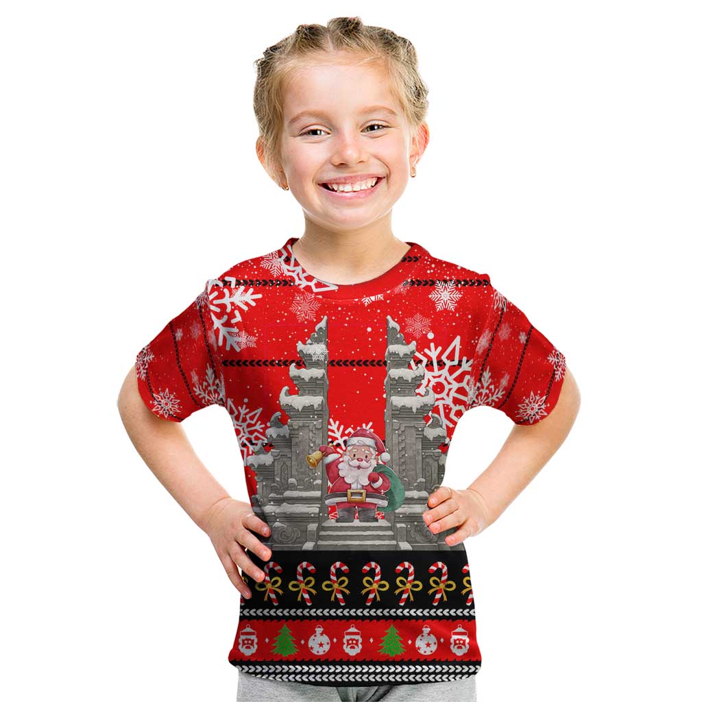 Indonesia Christmas Kid T Shirt with Santa Temple Snowflakes and Red Candy Cane Pattern - Wonder Print Shop