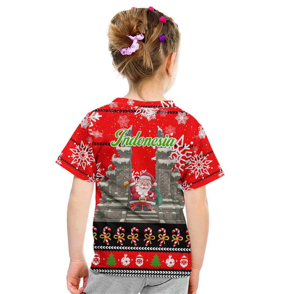 Indonesia Christmas Kid T Shirt with Santa Temple Snowflakes and Red Candy Cane Pattern - Wonder Print Shop