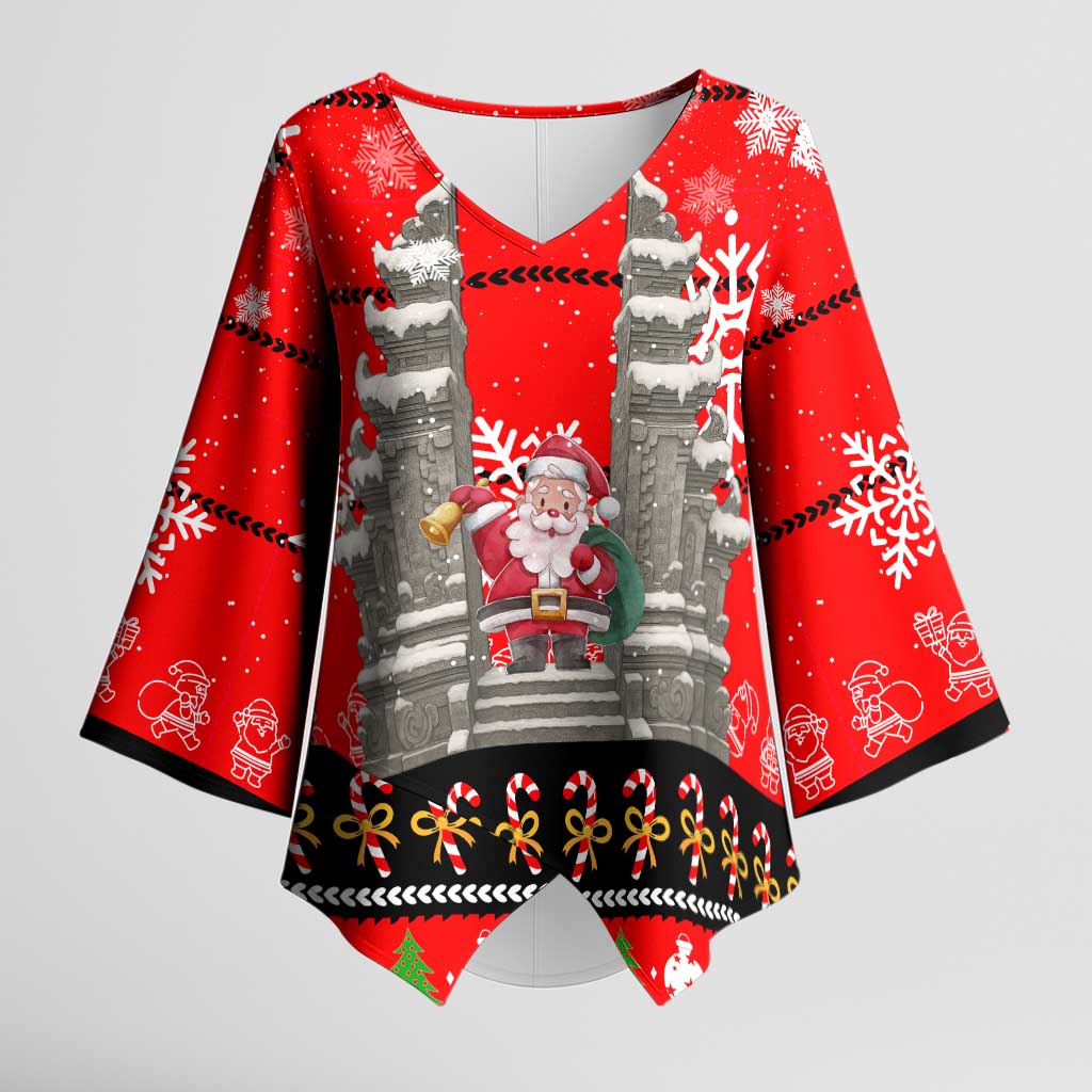 Indonesia Christmas Kimono Sleeve Blouse with Santa Temple Snowflakes and Red Candy Cane Pattern - Wonder Print Shop