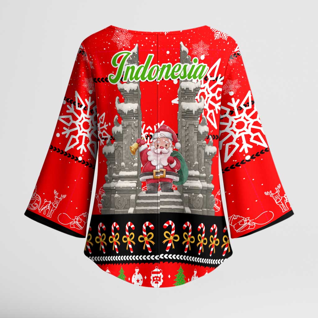 Indonesia Christmas Kimono Sleeve Blouse with Santa Temple Snowflakes and Red Candy Cane Pattern - Wonder Print Shop