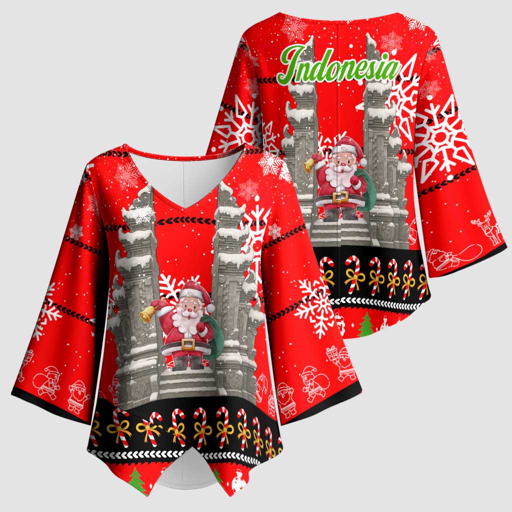Indonesia Christmas Kimono Sleeve Blouse with Santa Temple Snowflakes and Red Candy Cane Pattern - Wonder Print Shop