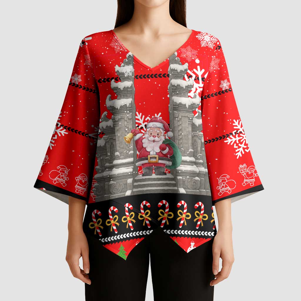 Indonesia Christmas Kimono Sleeve Blouse with Santa Temple Snowflakes and Red Candy Cane Pattern - Wonder Print Shop