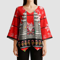 Indonesia Christmas Kimono Sleeve Blouse with Santa Temple Snowflakes and Red Candy Cane Pattern - Wonder Print Shop