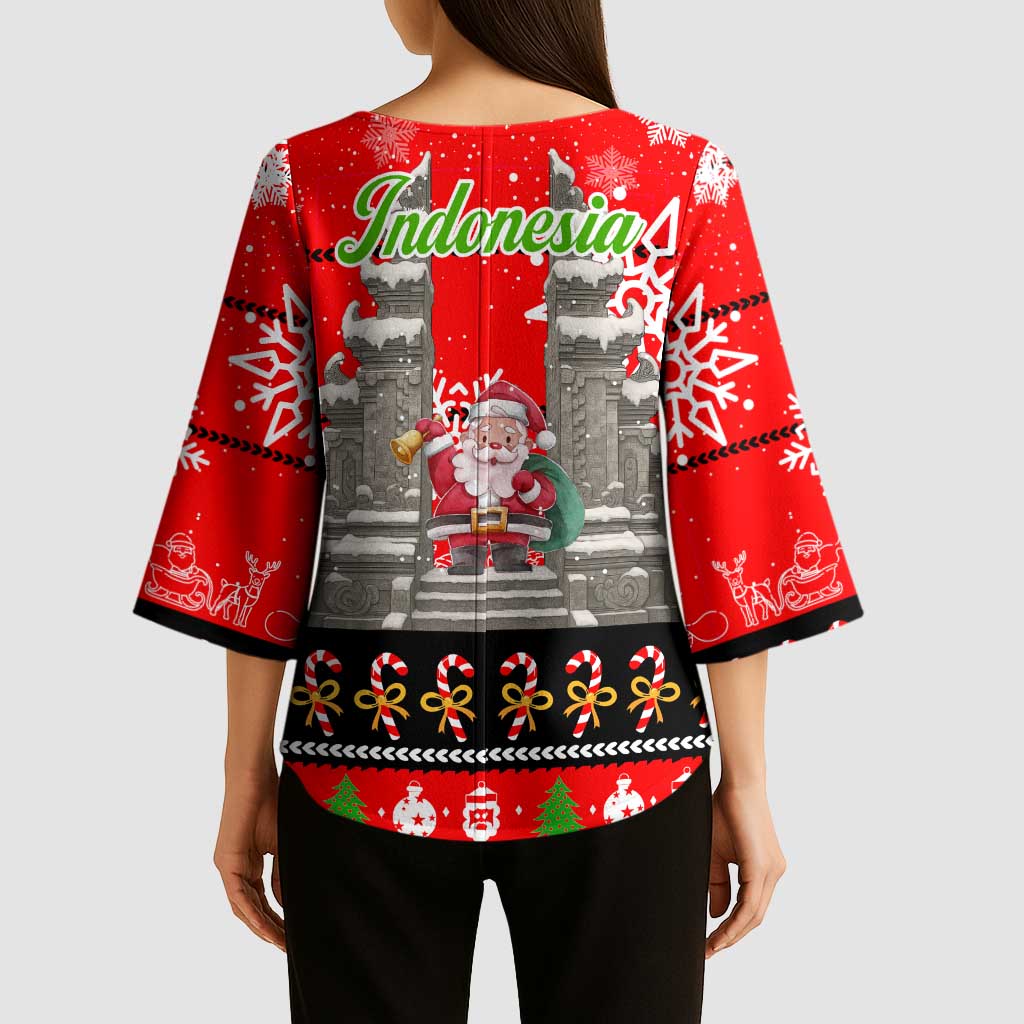 Indonesia Christmas Kimono Sleeve Blouse with Santa Temple Snowflakes and Red Candy Cane Pattern - Wonder Print Shop