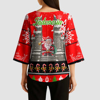 Indonesia Christmas Kimono Sleeve Blouse with Santa Temple Snowflakes and Red Candy Cane Pattern - Wonder Print Shop