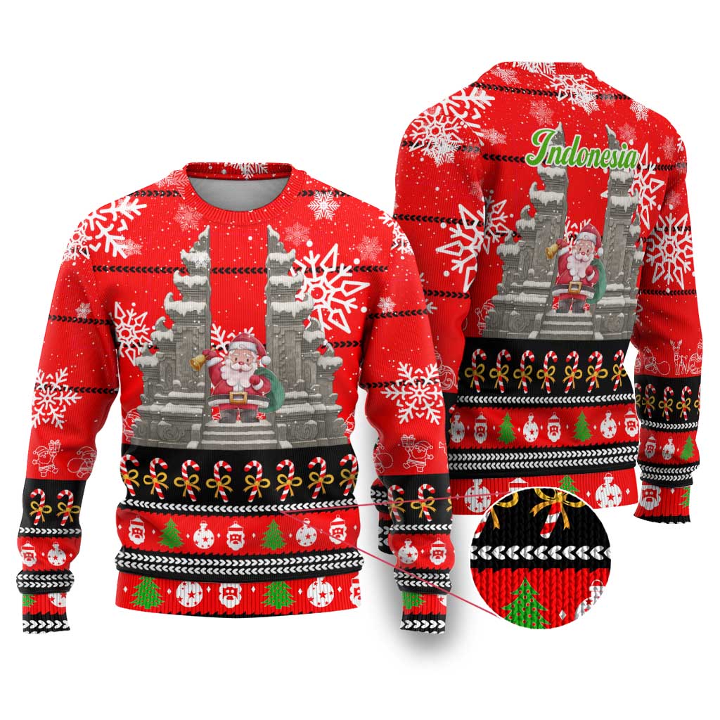Indonesia Christmas Ugly Christmas Sweater with Santa Temple Snowflakes and Red Candy Cane Pattern - Wonder Print Shop