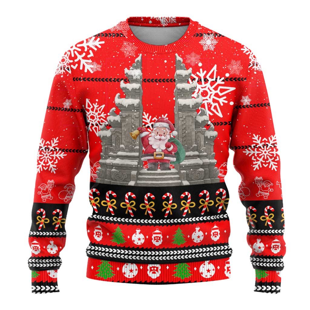 Indonesia Christmas Ugly Christmas Sweater with Santa Temple Snowflakes and Red Candy Cane Pattern - Wonder Print Shop