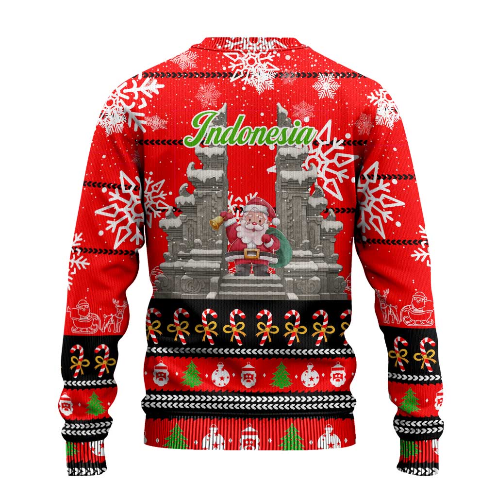 Indonesia Christmas Ugly Christmas Sweater with Santa Temple Snowflakes and Red Candy Cane Pattern - Wonder Print Shop