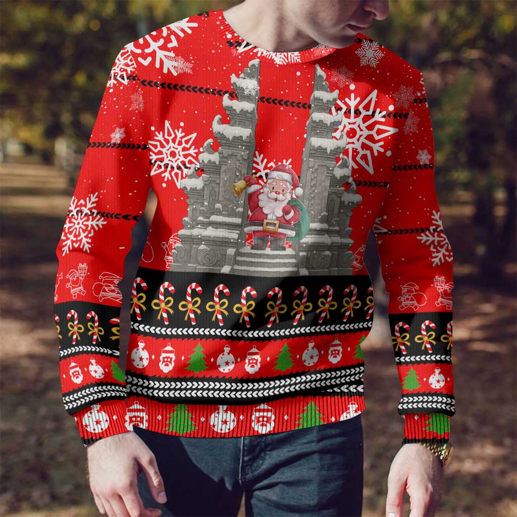 Indonesia Christmas Ugly Christmas Sweater with Santa Temple Snowflakes and Red Candy Cane Pattern - Wonder Print Shop