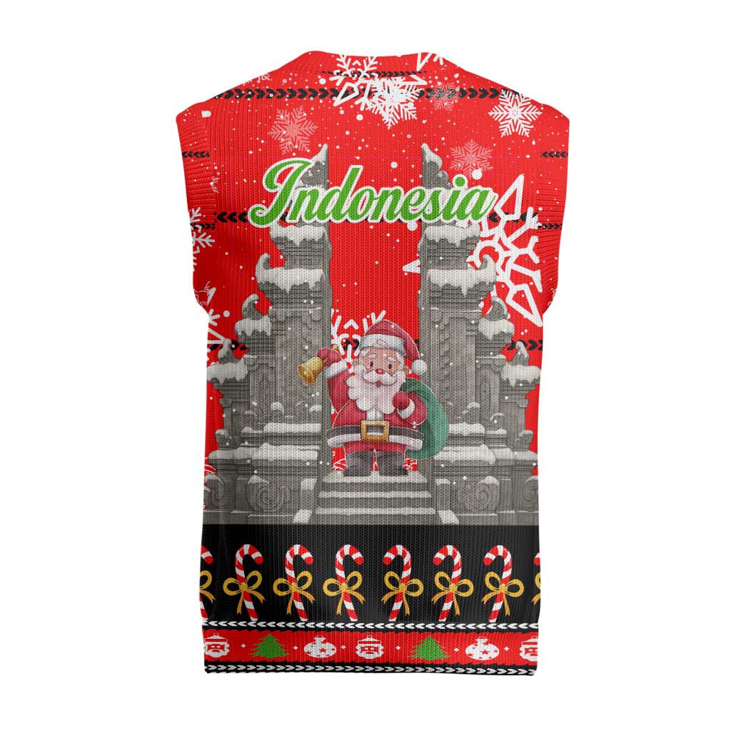 Indonesia Christmas Knitted V-Neck Vest with Santa Temple Snowflakes and Red Candy Cane Pattern - Wonder Print Shop