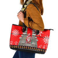 Indonesia Christmas Leather Tote Bag with Santa Temple Snowflakes and Red Candy Cane Pattern - Wonder Print Shop