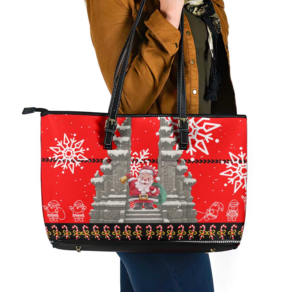Indonesia Christmas Leather Tote Bag with Santa Temple Snowflakes and Red Candy Cane Pattern - Wonder Print Shop