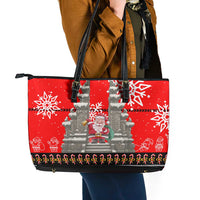 Indonesia Christmas Leather Tote Bag with Santa Temple Snowflakes and Red Candy Cane Pattern - Wonder Print Shop
