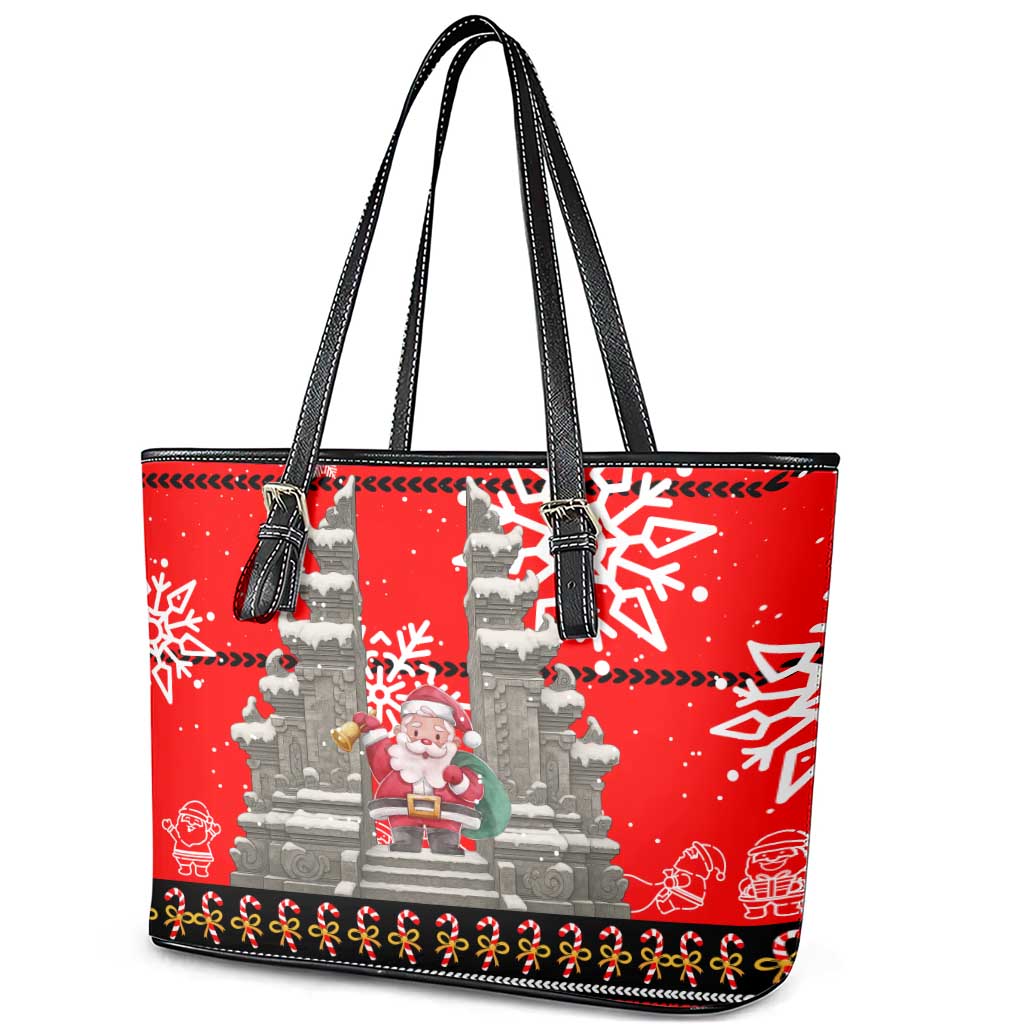 Indonesia Christmas Leather Tote Bag with Santa Temple Snowflakes and Red Candy Cane Pattern - Wonder Print Shop