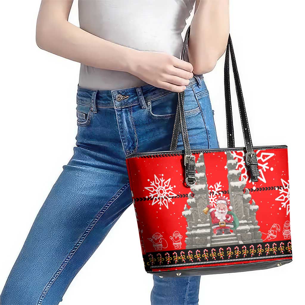Indonesia Christmas Leather Tote Bag with Santa Temple Snowflakes and Red Candy Cane Pattern - Wonder Print Shop
