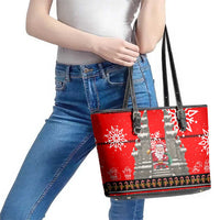 Indonesia Christmas Leather Tote Bag with Santa Temple Snowflakes and Red Candy Cane Pattern - Wonder Print Shop
