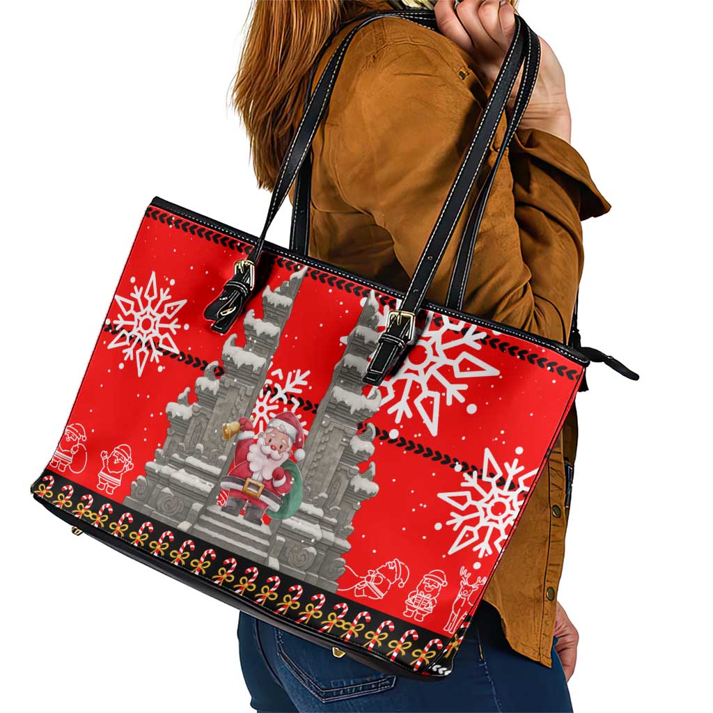 Indonesia Christmas Leather Tote Bag with Santa Temple Snowflakes and Red Candy Cane Pattern - Wonder Print Shop