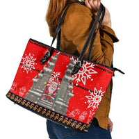 Indonesia Christmas Leather Tote Bag with Santa Temple Snowflakes and Red Candy Cane Pattern - Wonder Print Shop