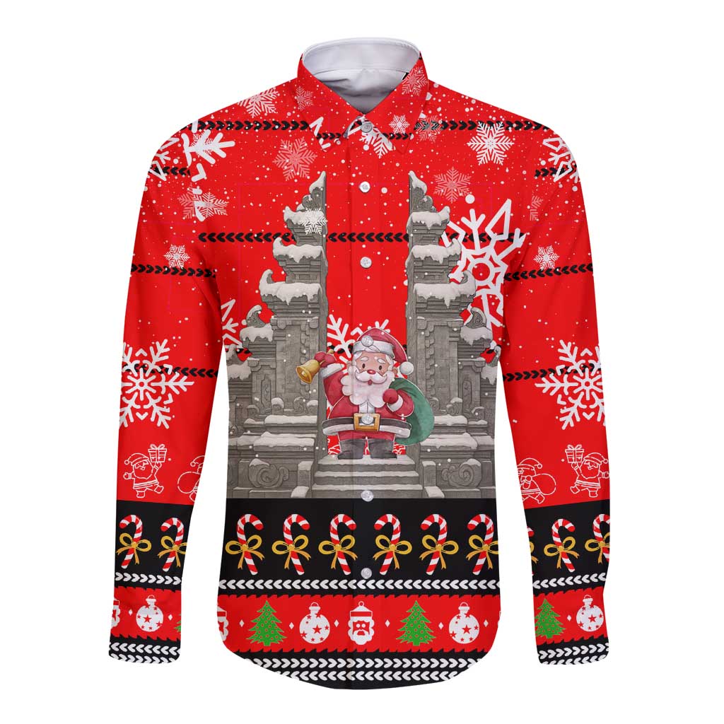 Indonesia Christmas Long Sleeve Button Shirt with Santa Temple Snowflakes and Red Candy Cane Pattern - Wonder Print Shop