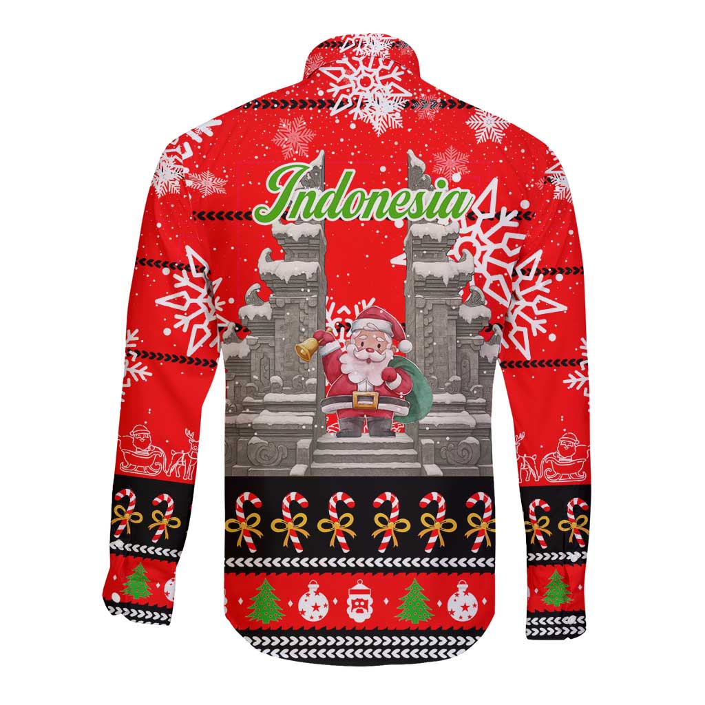 Indonesia Christmas Long Sleeve Button Shirt with Santa Temple Snowflakes and Red Candy Cane Pattern - Wonder Print Shop