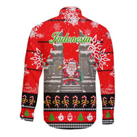 Indonesia Christmas Long Sleeve Button Shirt with Santa Temple Snowflakes and Red Candy Cane Pattern - Wonder Print Shop