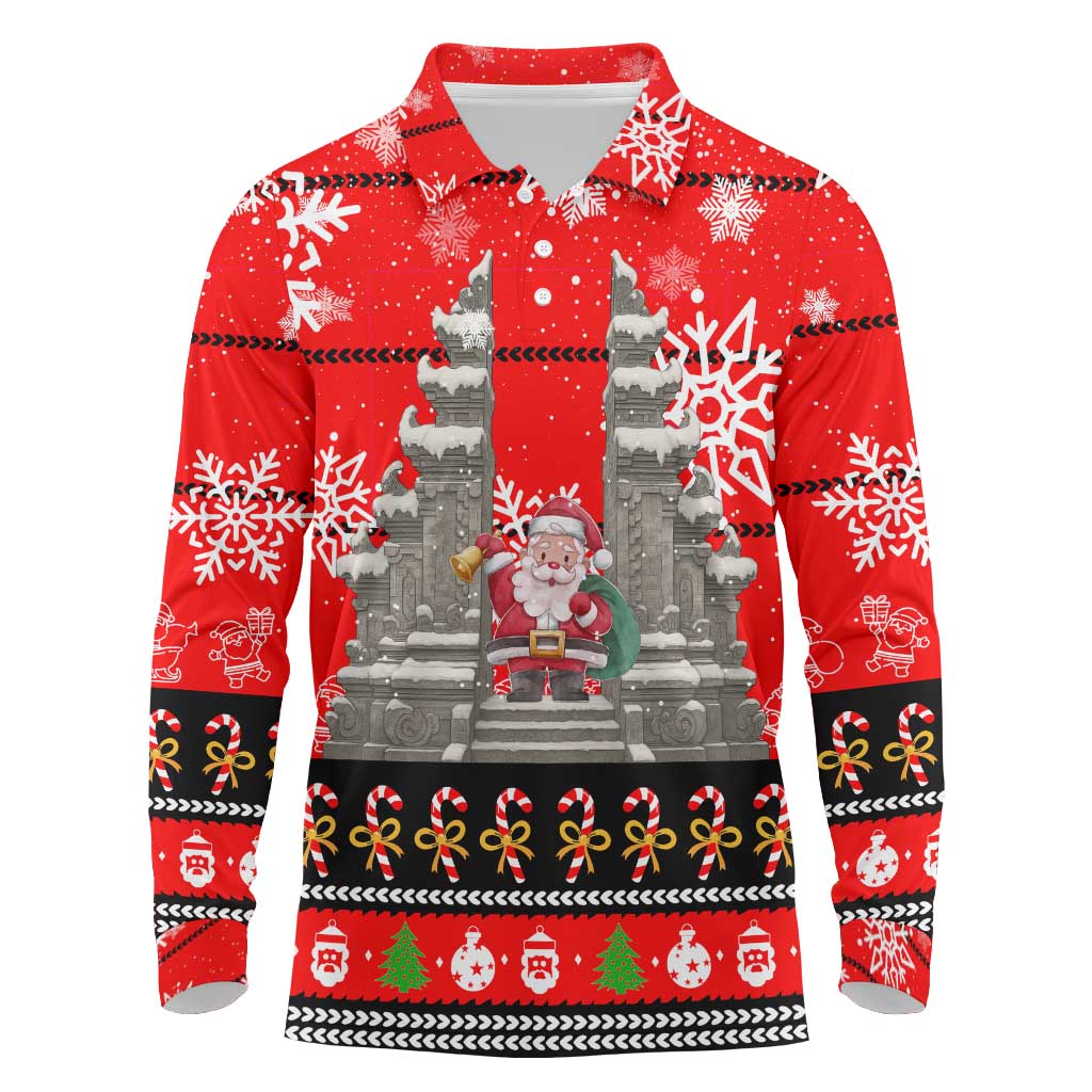 Indonesia Christmas Long Sleeve Polo Shirt with Santa Temple Snowflakes and Red Candy Cane Pattern - Wonder Print Shop