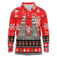 Indonesia Christmas Long Sleeve Polo Shirt with Santa Temple Snowflakes and Red Candy Cane Pattern - Wonder Print Shop