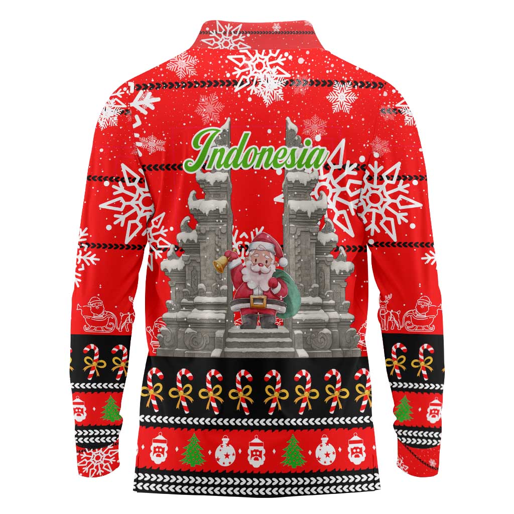 Indonesia Christmas Long Sleeve Polo Shirt with Santa Temple Snowflakes and Red Candy Cane Pattern - Wonder Print Shop