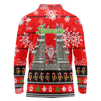 Indonesia Christmas Long Sleeve Polo Shirt with Santa Temple Snowflakes and Red Candy Cane Pattern - Wonder Print Shop