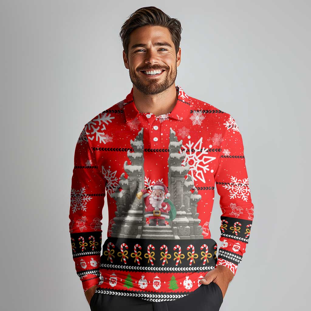 Indonesia Christmas Long Sleeve Polo Shirt with Santa Temple Snowflakes and Red Candy Cane Pattern - Wonder Print Shop