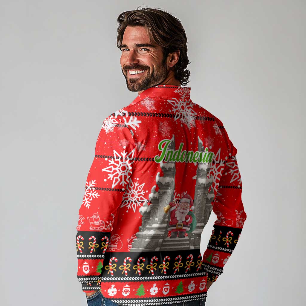 Indonesia Christmas Long Sleeve Polo Shirt with Santa Temple Snowflakes and Red Candy Cane Pattern - Wonder Print Shop