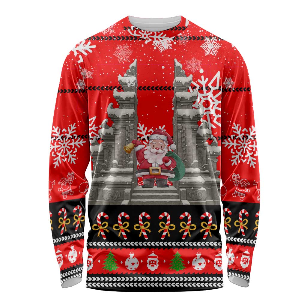 Indonesia Christmas Long Sleeve Shirt with Santa Temple Snowflakes and Red Candy Cane Pattern - Wonder Print Shop