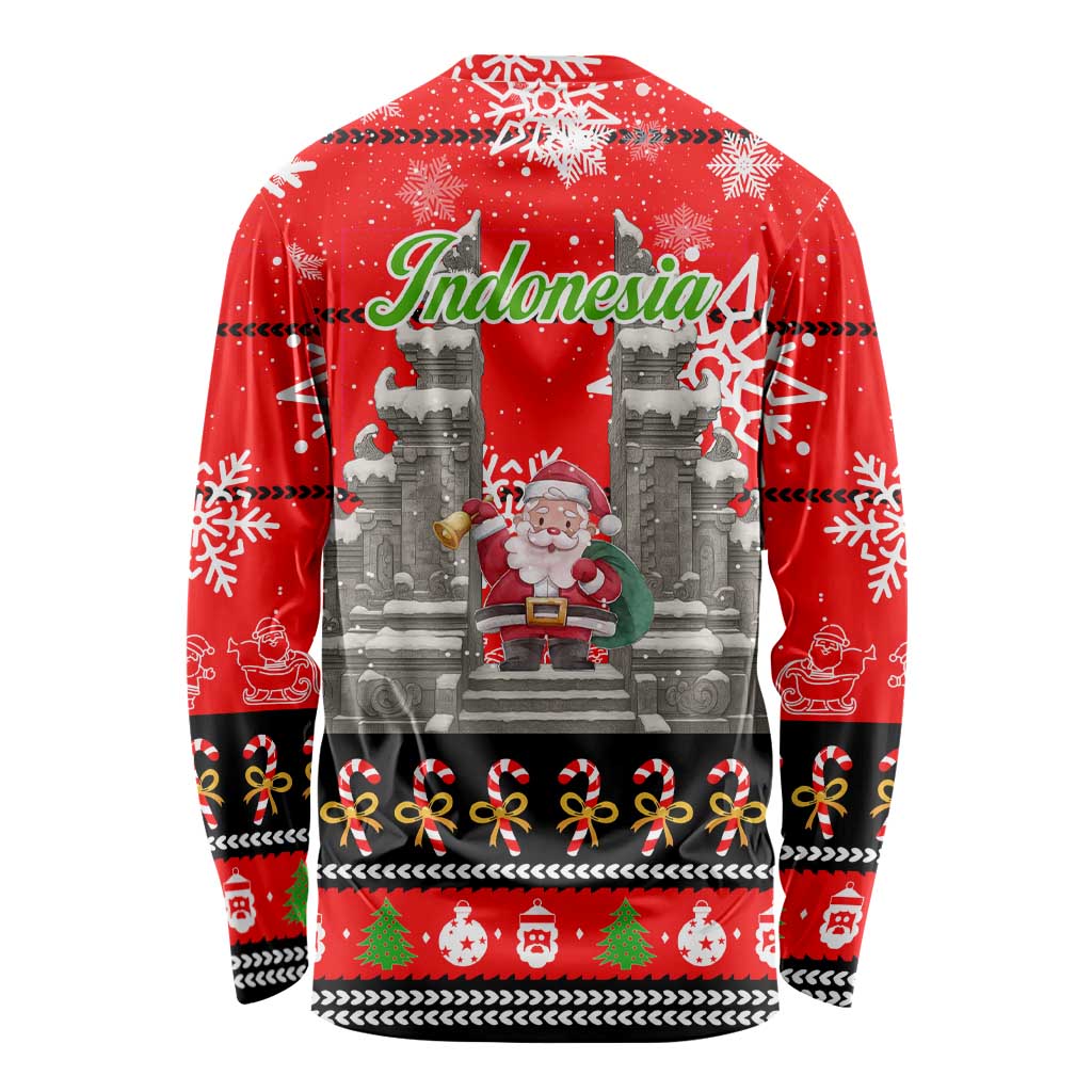 Indonesia Christmas Long Sleeve Shirt with Santa Temple Snowflakes and Red Candy Cane Pattern - Wonder Print Shop