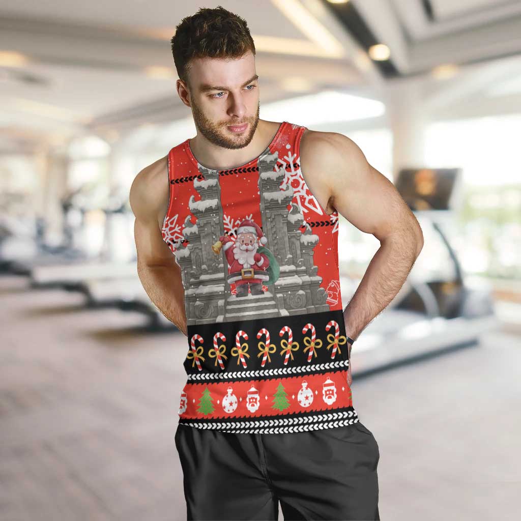 Indonesia Christmas Men Tank Top with Santa Temple Snowflakes and Red Candy Cane Pattern - Wonder Print Shop