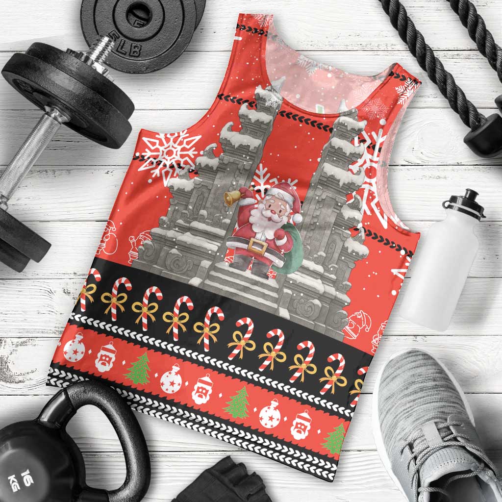 Indonesia Christmas Men Tank Top with Santa Temple Snowflakes and Red Candy Cane Pattern - Wonder Print Shop