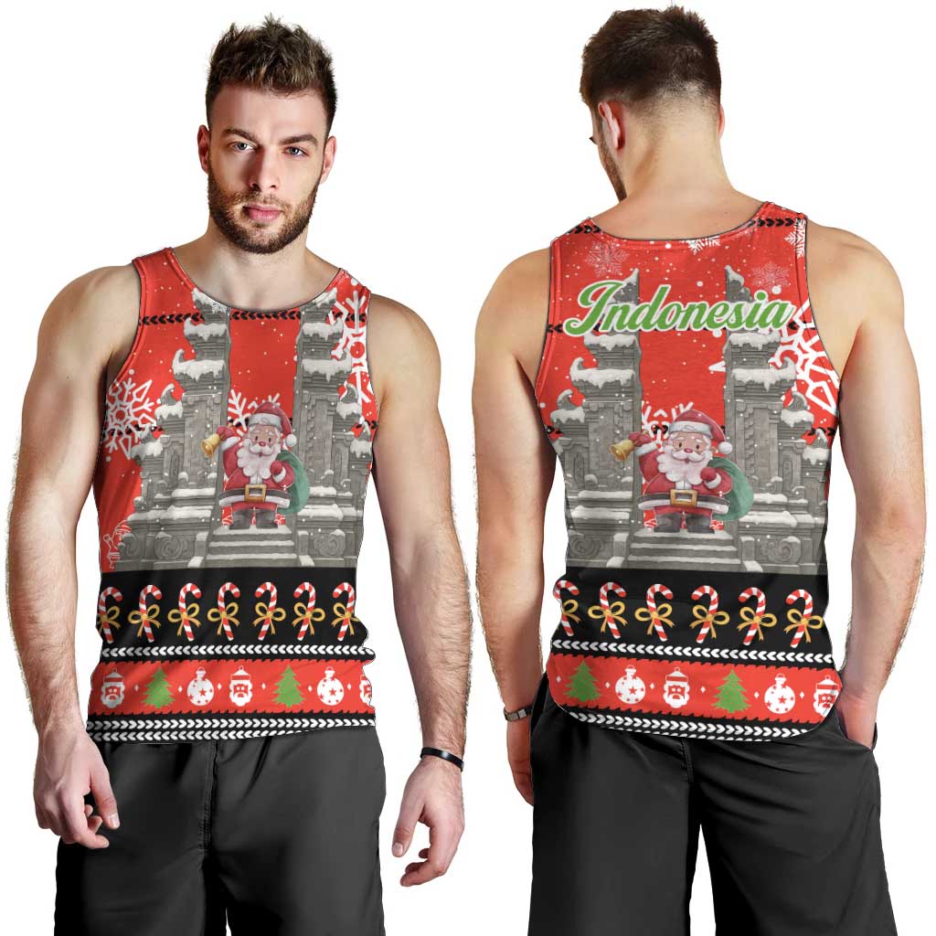 Indonesia Christmas Men Tank Top with Santa Temple Snowflakes and Red Candy Cane Pattern - Wonder Print Shop