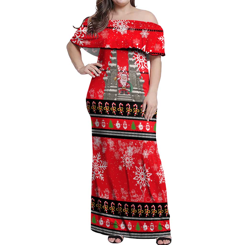 Indonesia Christmas Off Shoulder Maxi Dress with Santa Temple Snowflakes and Red Candy Cane Pattern - Wonder Print Shop