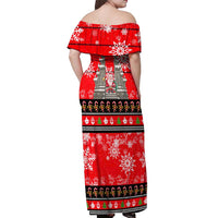 Indonesia Christmas Off Shoulder Maxi Dress with Santa Temple Snowflakes and Red Candy Cane Pattern - Wonder Print Shop