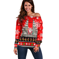 Indonesia Christmas Off Shoulder Sweater with Santa Temple Snowflakes and Red Candy Cane Pattern - Wonder Print Shop