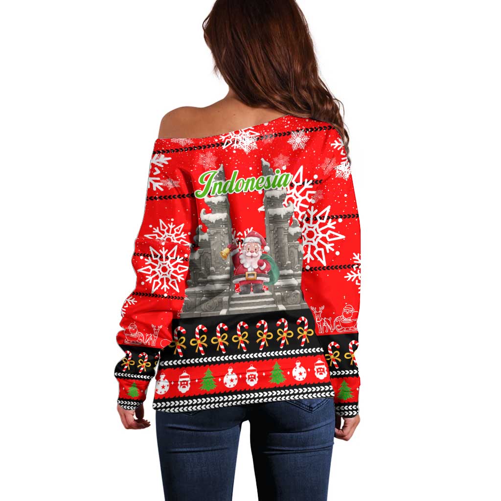 Indonesia Christmas Off Shoulder Sweater with Santa Temple Snowflakes and Red Candy Cane Pattern - Wonder Print Shop
