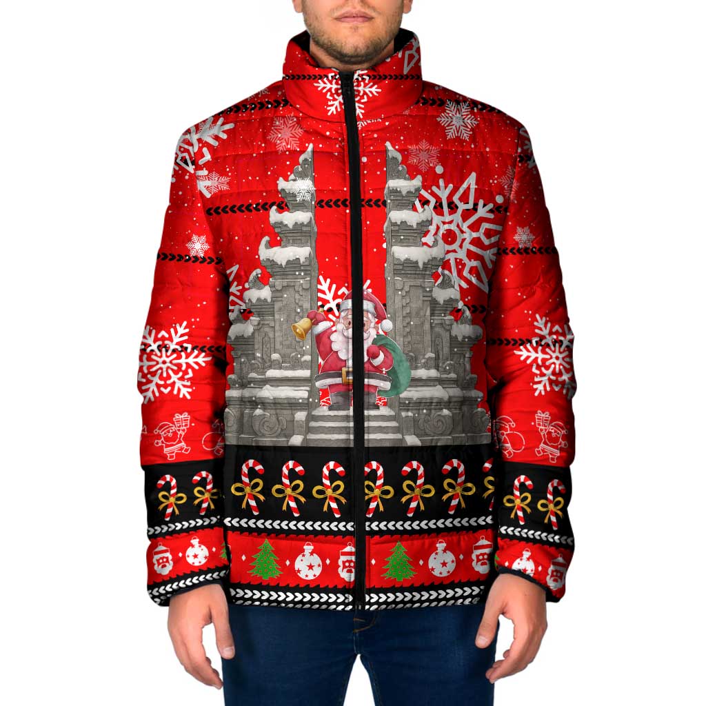 Indonesia Christmas Padded Jacket with Santa Temple Snowflakes and Red Candy Cane Pattern - Wonder Print Shop